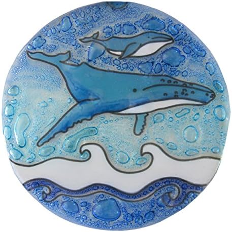"Whales" Artisan Fused Recycled Glass Sun Catcher - 4.5 Inches Diameter (Blue)