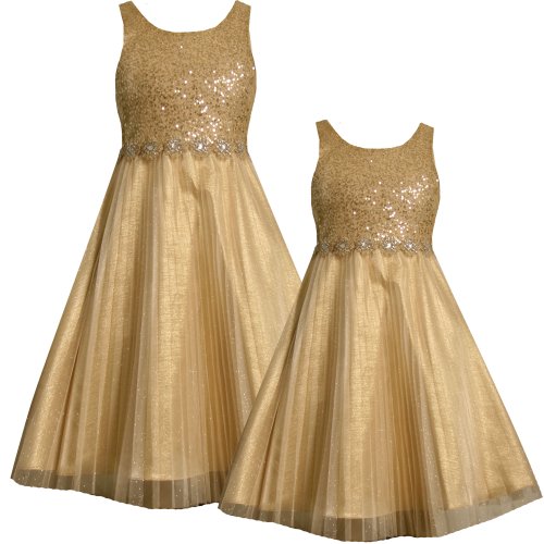 Bonnie Jean Little Girl 4-6X GOLD SEQUIN RHINESTONE PLEATED GLITTER MESH OVERLAY Special Occasion Christmas Holiday Pageant Party Dress