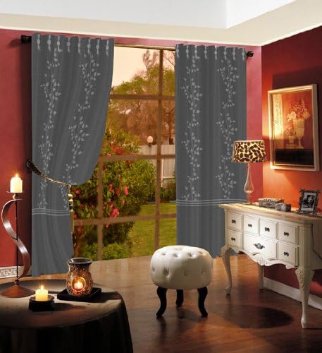 Evita Leaf Vine Embroidery on Poly Slub Silk Panel, Dark Silver