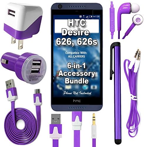 441 Wireless 6 Item Accessory Bundle for HTC Desire 626 626s (AT&amp;T, BOOST, METRO, &amp;MORE) Includes: Car Charger, Home Charger, Data Cable, Headphones, Auxiliary Cord &amp; Stylus Pen (6 Piece-Purple)