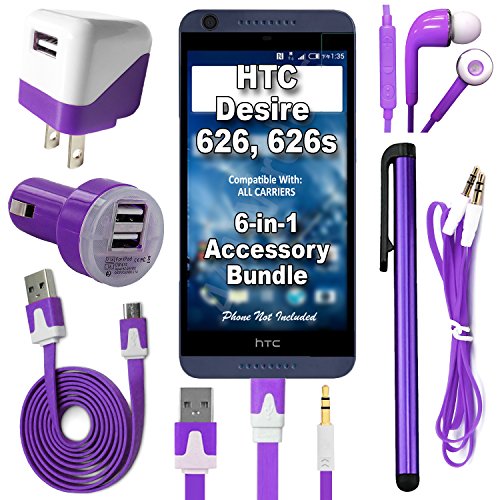 441 Wireless 6 Item Accessory Bundle for HTC Desire 626 626s (AT&amp;T, BOOST, METRO, &amp;MORE) Includes: Car Charger, Home Charger, Data Cable, Headphones, Auxiliary Cord &amp; Stylus Pen (6 Piece-Purple)
