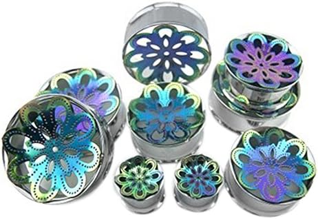 Pair of Stainless Steel Double Flared Rainbow Plated Mandala Inlay 2 Tone Plugs (16mm 5/8'')