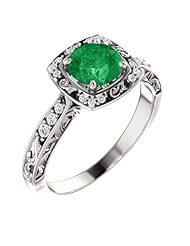 14K White Gold 6.00mm Round Cut Chatham Created Emerald and Diamond Ring -- LIFETIME WARRANTY