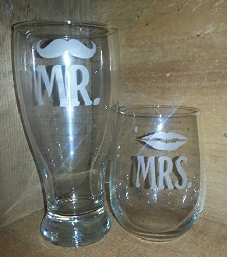 Mr. Beer and Mrs. Lips Etched Beer and Wine Glasses