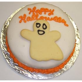 Chocolate Decorated Cake Single Layer 8" Round Topped with Ghoast Cookie Orange Trim