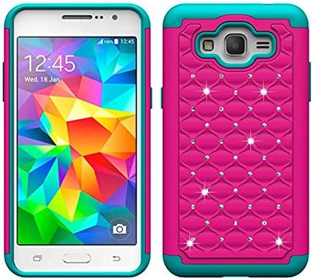 Grand Prime Case, Sophia Shop Hybrid Stud Rhinestone Bling Armor Defender Case Cover with Dazzling Diamond For Samsung Galaxy Grand Prime(Rose+Aqua)