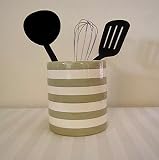 Ronnie's Terramoto Ceramic, Round Utensil Jar Crock, Sage Wide Stripes