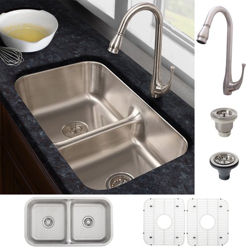 Ticor Stainless Steel Low-divide Undermount Kitchen Sink and Brushed Nickel Faucet Combo