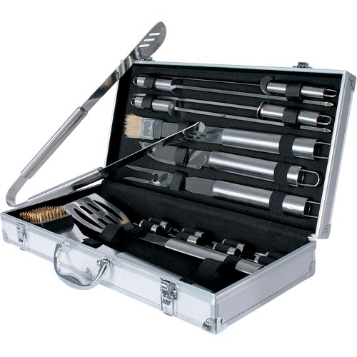 Broil-master® - Kit Ustensiles pour service barbecue BBQ grillade - BBQT01 - en acier inoxydable - 18 pièces - avec mallette en aluminium