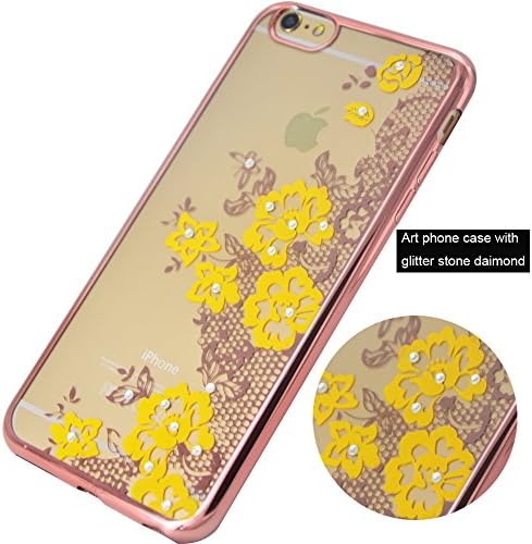 6 Plus Case, Fyee [Lace Flower Series] Slim Dual Flexible TPU Rubber Cover with Yellow Flower and Bling Glitter Stone Diamond Case for iPhone 6 Plus/ 6s Plus 5.5 inch - Rose Gold Edge