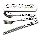 Sealike Cute Cow Ceramics Handle Stainless Steel Spoon Fork Chopsticks Set of 3 with Stylus for Traveling Black