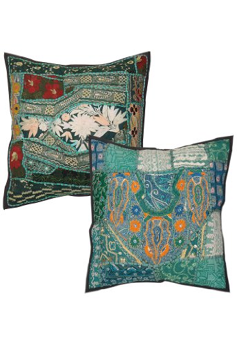 Imagen principal de Cojín de algodón hecho a mano indio cover set Adorna con tamaño de trabajo de bordado y parche de 16 x 16 pulgadas Juego de 2 piezas