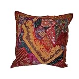 Ethnic Indian Vintage Sari Beaded Decorative Carmine Cushion Cover 24" FREE SHIPP