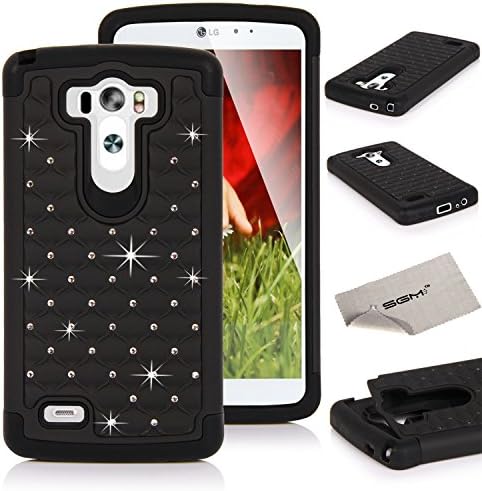 LG G3 Case, SGM Hybrid Gel Rhinestone Bling Armor Case For LG G3 (2014) With SGM Mircofiber Cleaning cloth (Black)