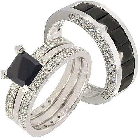 4 pieces He She Silver 925 Black 2.1CT Square Simulated Diamond Wedding Ring Set Sz 8, 10