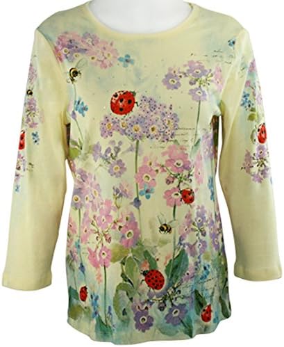 Cactus Fashion - Bees & Ladybugs, 3/4 Sleeve, Scoop Neck, Cotton Print Rhinestones...