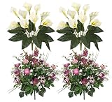Four Artificial Flower Bushes - Two 19" Calla Lilies + Two 21" Ranunculus, Cosmos Mixed Bushes