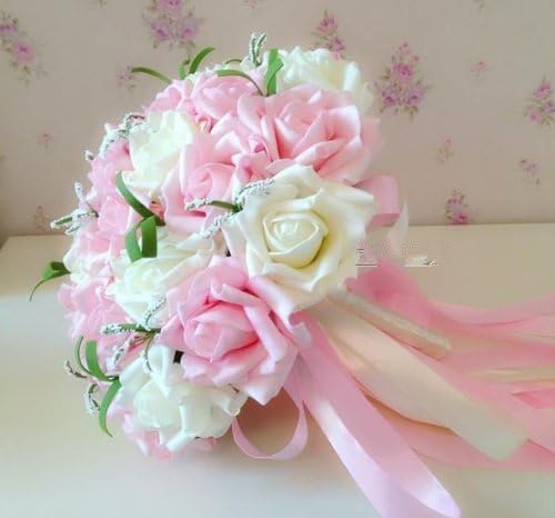 Romantic Heart Shape 30 Pieces of Rose Artificial Wedding Bouquet of Flowers (Two Colors to Choose) (Pink&amp;white)