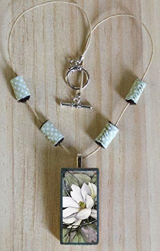 White Magnolia Necklace for Girls with Art Pendant and Fabric Beads, Flower Jewelry