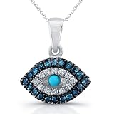 14k White Gold Treated Blue and White Diamond Turquoise Evil Eye Pendant (1/8cttw, JK, I2-I3)