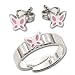 CLEVER SCHMUCK-SET Silberne kleine Ohrstecker Schmetterlinge in rosa glänzend mit passendem Ring ECHT SILBER 925 (E)
