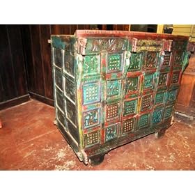Click here to buy Antique Indian Chest Sideboard Buffet Rustic Carved Animals Red Green Patina by mogulinterior.com.