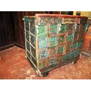 Antique Indian Chest Sideboard Buffet Rustic Carved Animals Red Green Patina by 