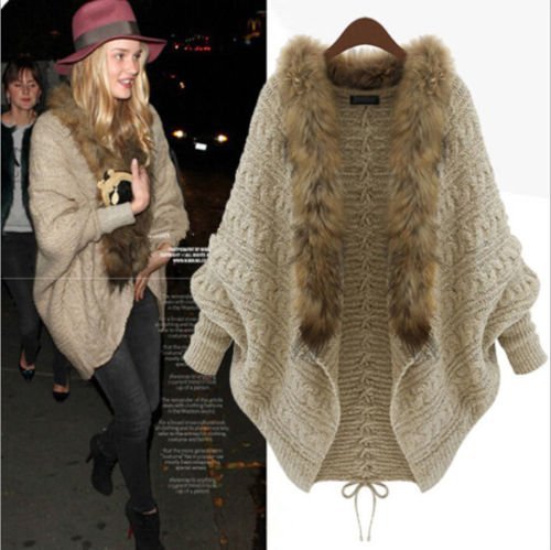 Leshery womens autumn winter warm coat fur collar bat sleeve card…