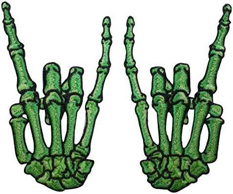 Green Skeleton Hands Horns Sign Rock Metal Kreepsville Embroidered Iron On Patch