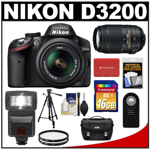 Nikon D3200 Digital SLR Camera & 18-55mm G VR DX AF-S Zoom Lens (Black) + 55-300mm VR Lens + 16GB Card + Flash + Case + Filters + Remote + Tripod + Accessory Kit On Sale