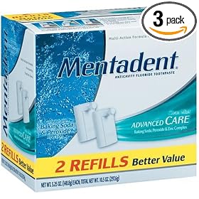 Mentadent Anticavity Fluoride Toothpaste Advanced Care, Clean Mint, 5.25-Ounce Refills in 2-Count Boxes (Pack of 3)