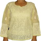 Womens Cotton Long Sleeve Top Shirt Blouse Chikan Embroidery Size L (ctop284)