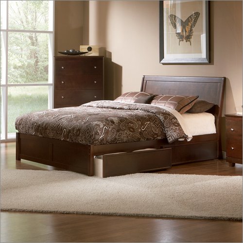 Full Atlantic Furniture Studio Portland Platform Bed with Flat Panel Footboard in Antique Walnut