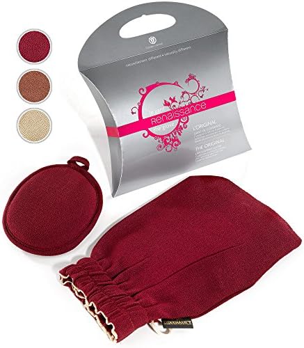 Renaissance Exfoliating Gloves by Daniele Henkel. Bath mitt for face &amp; body skin exfoliation, cellulite reduction, acne treatment support &amp; more! (Ruby)