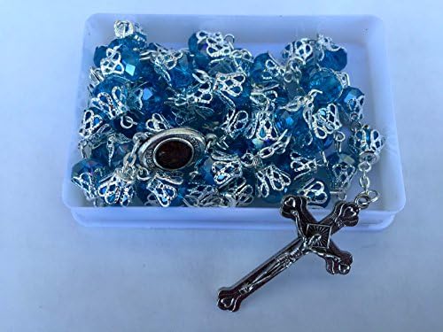 UNIQUE Large Glass Crystal Beads Rosary with Holy Soil Silver Crucifix (Light Blue)