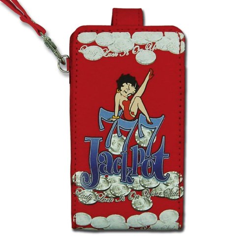 Licensed Red Betty Boop Universal Vertical Cellphone Pouch with Betty Boop Sitting on Top of a Pile of Coins and Jackpot Text