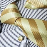 Ph1004 Italian Style Khaki Stripes 100% Jacquard Woven Silk Tie Hanky Neck Tie for Him and Cuff Links Cufflinks for Men and Handkerchiefs Set with Presentation Box