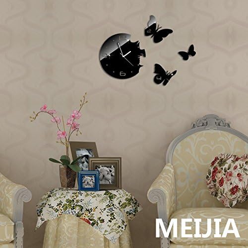 MEIJIA(TM) Black Rounds 3 Butterflies Art Mordern Luxury Design DIY Removable 3D Crystal Mirror Wall Clock Wall Sticker Living Room Bedroom Décor Hourseholds Decoration