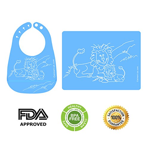 Easy Clean Silicone Bib & Mat Package for Baby Feeding Easily Wipes Clean! Comfortable Soft Baby Bibs Keep Stains Off! Spend Less Time Cleaning after Meals with Babies or Toddlers! (Blue)