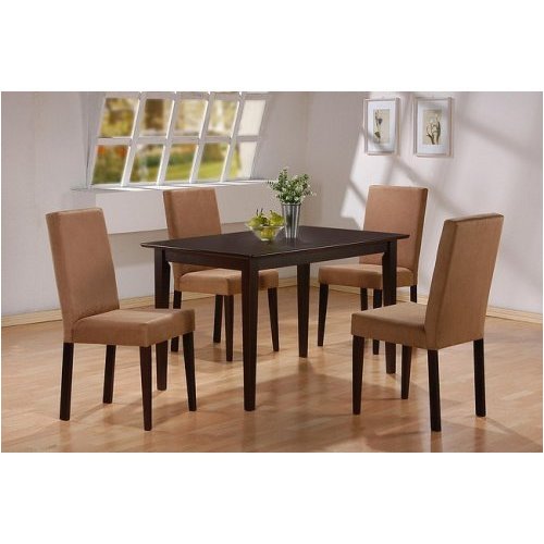 5pc Cappuccino Finish Dining Table & 4 Microfiber Parson Chairs Set