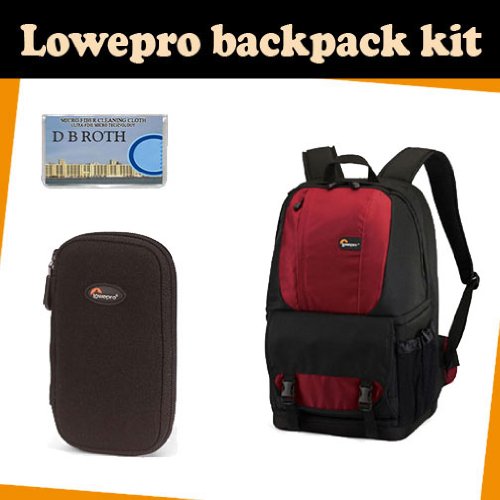 LowePro Backpack kit which includes the Lowepro Fastpack 250 (Red) + DMC-Z wallet for memory card(s), batteries, Mini DV tapes and more + DB ROTH Micro Fiber Cloth.