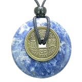 Antique Lucky Coin Good Luck Powers Amulet Sodalite Gemstone 40mm Donut Pendant Necklace