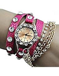 Top Brand Womens Hawaiian Sparkling Rhinestone Long Leather Sling Chain Quartz Wrist Watch : Color Pink