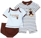 Babyworks Baby-boys Newborn 3 Piece Monkey Motif Romper Diaper Set, Blue, 0-3 Months