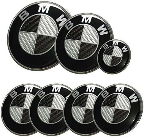 LOVEN 7PC BMW Black Silver Carbon Fiber Emblems Trunk Hood Badge Logo Set- 82mm + 74mm + 45mm + 68mm Hood/Trunk/Steering/4 X Wheel Caps