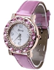 Womens Quartz Wristwatch Pink Leather Band Crystal Dial Arabic Numeral Mark