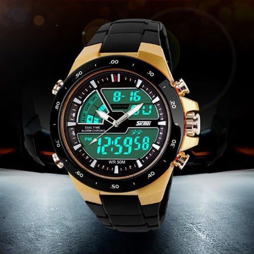 Amjimshop Male Military S-shock Dual Display Waterproof Multi Function LED Sports Watch Alarm (gold a)