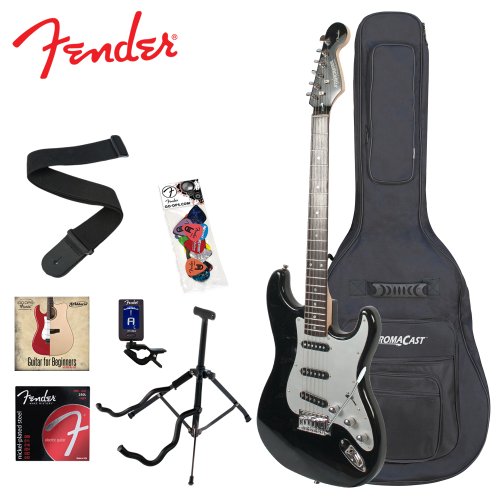 Fender Starcaster JF-028-0002-506-KIT-1 Onyx Black Stratocaster Electric Guitar with Stand, Strap, Strings, Gig Bag, DVD, Tuner and Pick Sampler