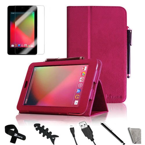 FINTIE (Deep Pink) Leather Folio Stand Case Cover (With Automatic Sleep/Wake Feature) for Google Asus Nexus 7 Inch Android Tablet with Free Screen Protector/Stylus/Cable Tie/USB Cable/Earphone Cord Winder