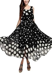 Full Length Dots Print Chiffon Sleeveless Vintage Evening Dress 